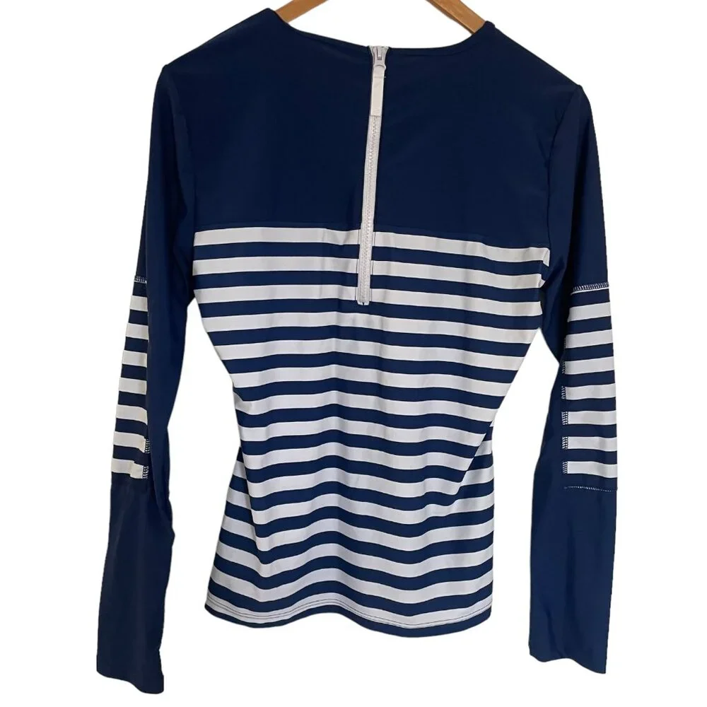 Cabana Life Rash Guard Swim Shirt Top Medium M Navy Blue White Striped UPF 50+ - Picture 2 of 5